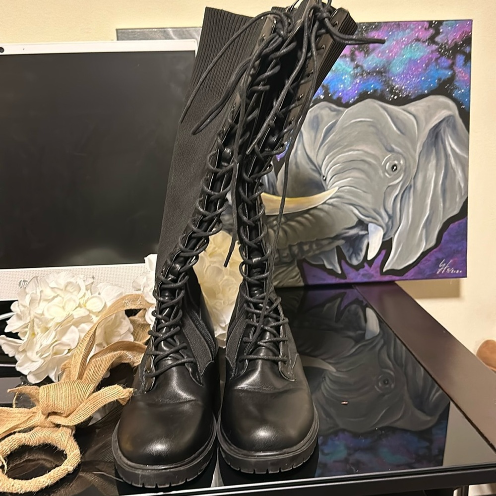 Torrid Stretch Knit Combat Knee Boot - Black Faux Leather (WW) Size 8.5
